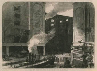 Szene des großen Feuers an den St. Katherine Docks