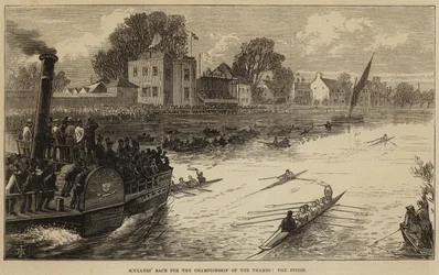 Rennen der Ruderer um die Meisterschaft der Themse, das Ziel