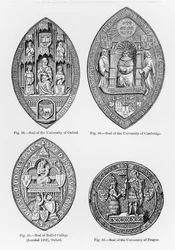 Siegel der Universität Oxford, Cambridge, Balliol College, Oxford und Universität Prag, Illustration aus Wissenschaft und Literatur im Mittelalter und in der Renaissance, geschrieben von Paul Lacroix