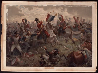 Sergeant Evert erobert die französischen Farben während des Angriffs der Scots Greys in der Schlacht von Waterloo, 18. Juni 1815, ca. 1908