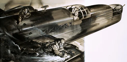 Sergeant James Allen Ward geht auf dem Flügel eines Wellington-Bombers