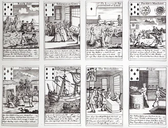 Kartenspiel mit satirischen Szenen aktueller kommerzieller Unternehmungen und Investitionen