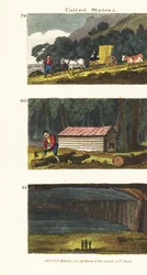 Siedler in einem Wagen auf dem Weg in die westlichen Staaten, Siedler bauen eine Blockhütte und Blick auf die Mammuthöhle in Kentucky