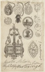 Blatt mit Münzen, Siegeln und Marken, mit Faksimiles von Unterschriften