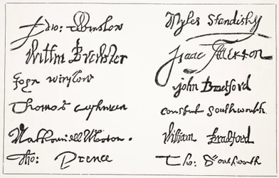 Unterschriften der Pilgerväter, Illustration aus Hutchinsons Geschichte der britischen Nation, ca. 1923