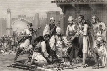 Sikh-Truppen teilen die Beute der Aufständischen, aus 