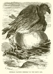 Sindbad befestigt sich am Bein des Rocs