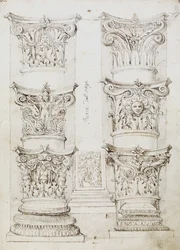 Sechs Kapitelle, eine Lesene und zwei Säulenbasen, Folio 1, Der Meister des Oxford Albums, ca. 1512-17