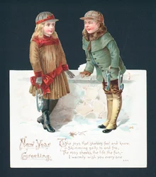 Schlittschuhpaar im Gespräch, Neujahrskarte