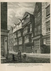 Südwestansicht einer alten Struktur im Ship Yard Temple Bar, die als Residenz von Elias Ashmole, dem berühmten Antiquar, gilt