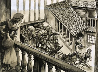 Postkutsche fährt in einen Hof ein