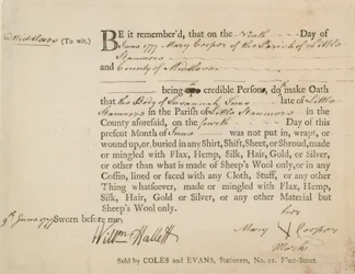 Eidesstattliche Erklärung, dass der Körper von Susannah Sims in Schafwolle begraben wurde