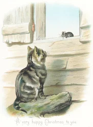 Getigerte Katze starrt auf Maus, Weihnachtskarte