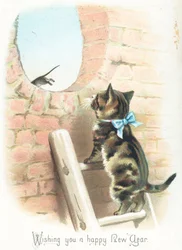 Getigerte Katze beobachtet weglaufende Maus, Neujahrskarte