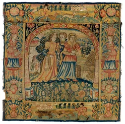 Wandteppichkissenbezug, der Susanna auf dem Weg zum Bad darstellt, hergestellt in Sheldon, England, nach 1600