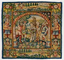 Wandteppichkissenbezug, der die Steinigung der Ältesten darstellt (einer von sechs Sheldon-Wandteppichen, bestehend aus 47.9 bis 47.14), hergestellt in Sheldon, England, falls echt