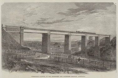 Tarradale Viadukt, auf der Melbourne und Sandhurst Eisenbahn, Australien (Gravur)