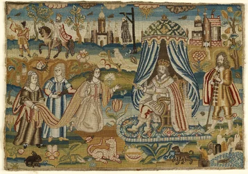 Textilpanel mit Esther und Ahasverus, Mitte bis Ende des 17. Jahrhunderts