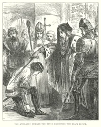 Der Ritterschlag: Eduard der Dritte schlägt den Schwarzen Prinzen zum Ritter (Gravur)