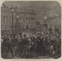 Der Bahnhof von Brighton am Samstagabend vor der Freiwilligenparade (Stich)