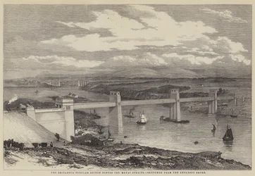Die Britannia-Röhrenbrücke über die Menai-Straße (Stich)
