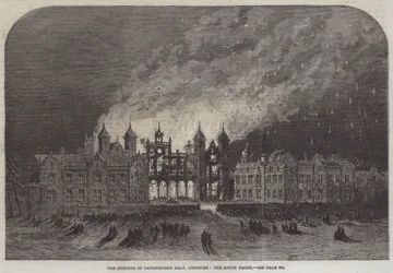 Der Brand von Capesthorne Hall, Cheshire, die Südfront (Stich)