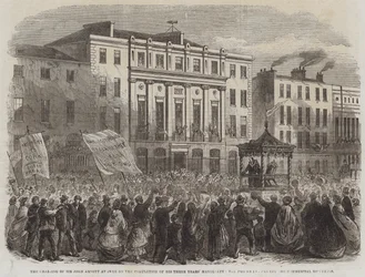 Die Ehrung von Sir John Arnott in Cork nach Abschluss seiner dreijährigen Amtszeit als Bürgermeister, die Prozession passiert die Handelsgebäude (Stich)