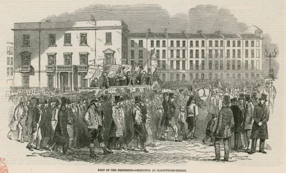 Das Chartisten-Treffen auf Kennington Common im Jahr 1848, Teil der Prozession - skizziert an der Blackfriars Bridge
