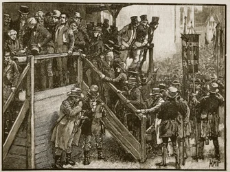 Der Clare-Wettbewerb: Vater Murphy führt seine Pächter zur Wahl, Illustration aus Cassells Illustrierter Geschichte Englands