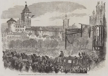 Die Krönung des Königs und der Königin von Preußen, Einzug in Königsberg, die Kutsche der Königin in der Prozession (Stich)