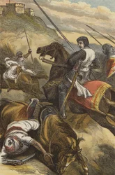 Der Graf von Joinville schlägt die Sarazenen bei Mansourah zurück (farbige Gravur)