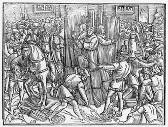 Der Tod und das Verbrennen der standhaftesten Märtyrer Christi, Doktor Robert Barns, Thomas Garret und William Hierome, in Smithfield im Jahr 1541, aus 