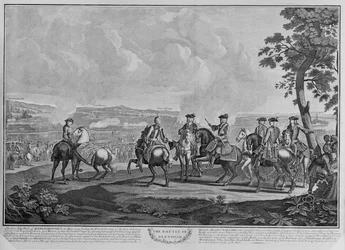 Der Herzog von Marlborough (1650-1722) und sein Stab in der Schlacht von Blenheim am 13. August 1704, ca. 1704 (Kupferstich)