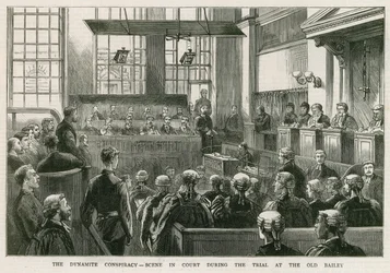 Die Dynamit-Verschwörung, Szene im Gericht während des Prozesses am Old Bailey