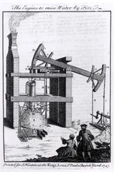 Die Maschine zum Wasserheben durch Feuer, ein Diagramm von Newcomens Dampfmaschine für das Universal Magazine, 1747