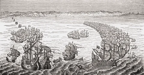 Die englische Flotte unter dem Kommando von Sir Francis Drake greift die spanische Armada 1588 an, aus 