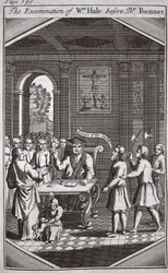 Die Vernehmung von Wm Hale vor Bischof Bonner, Illustration aus Foxes Märtyrer, ca. 1703