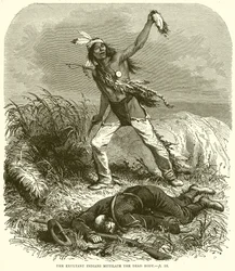 Die jubelnden Indianer verstümmeln die Leiche