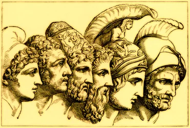 Die Helden des Trojanischen Krieges: Paris, Diomedes, Odysseus, Nestor, Achilles, Agamemnon, Illustration aus Die illustrierte Geschichte der Welt, veröffentlicht um 1880