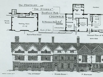 Das Gasthaus und die Läden, Bedford Park, Chiswick, aus The Building News, 1877