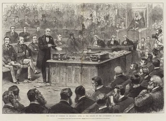 Das Unterhaus am Donnerstag, 8. April, die Debatte über die Regierung Irlands (Gravur)