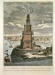 Der Marmorturm oder Leuchtturm, errichtet von Ptolemaios Soter auf der Insel Pharos, nahe dem Hafen von Alexandria