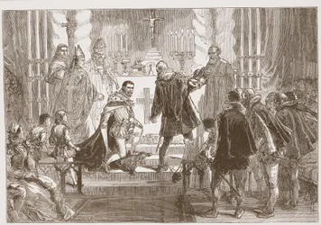 Der Marschall von Polen fordert den Eid vom Herzog von Anjou, Illustration aus The History of Protestantism von James Aitken Wylie, veröffentlicht 1878
