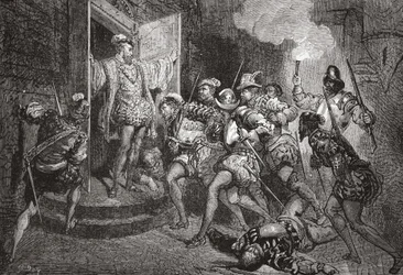 Das Massaker von St. Bartholomäus: Angriff auf Colignys Unterkunft, Illustration aus Die Geschichte des Protestantismus von James Aitken Wylie, veröffentlicht 1878