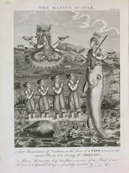 Der Matsya-Avatar oder die erste Inkarnation Vishnus in Gestalt eines Fisches zur Wiedererlangung der während der Sintflut verlorenen heiligen Bücher, gestochen von Barlow