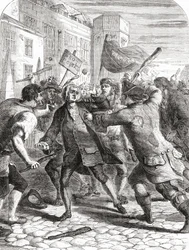 Die "No-Popery"-Randalierer greifen Mitglieder des Parlaments im Palace Yard, Westminster, London, England während der Gordon Riots von 1780 an.