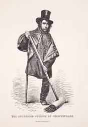 Der einbeinige Straßenkehrer in der Chancery Lane, nach einem Foto, Illustration aus London Labour and London Poor von Henry Mayhew, veröffentlicht 1862
