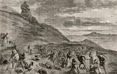 Die Verfolgung und das Massaker an den Christen auf der Insel Madagaskar im Jahr 1849 (Holzstich)