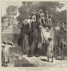 Der Prinz von Wales auf dem Parbutty Hill, Poonah, sein erster Elefantenritt (Stich)