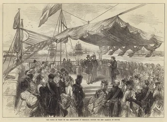 Der Prinz von Wales auf dem Wellenbrecher in Holyhead, Eröffnung des neuen Zufluchtshafens (Stich)